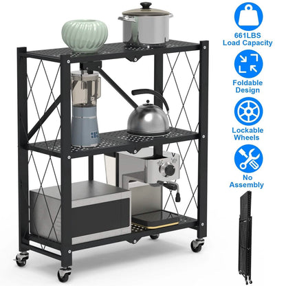 3-Tier Foldable Storage Shelf with Lockable Wheels No Assembly