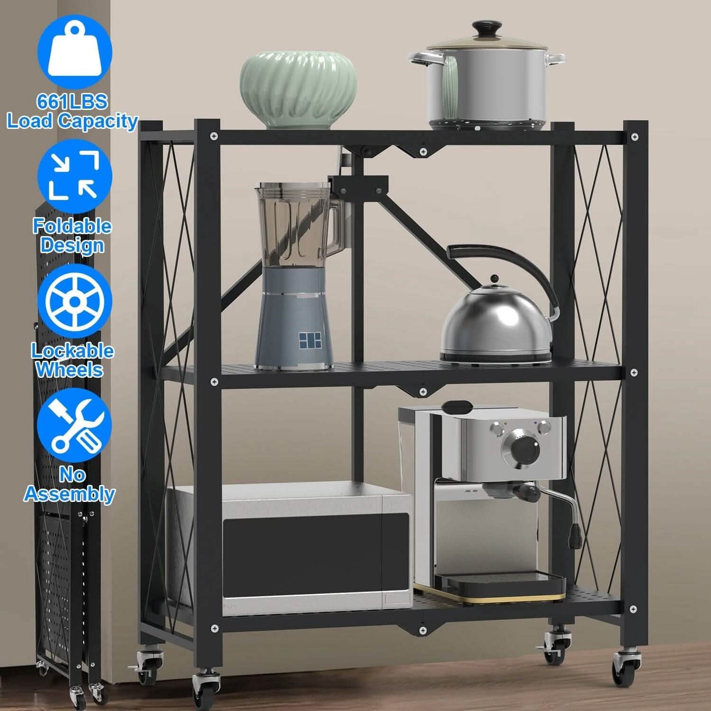 3-Tier Foldable Storage Shelf with Lockable Wheels No Assembly