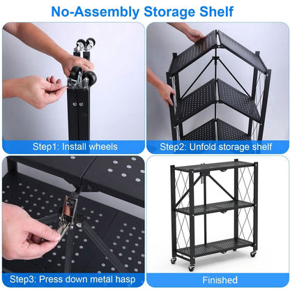3-Tier Foldable Storage Shelf with Lockable Wheels No Assembly