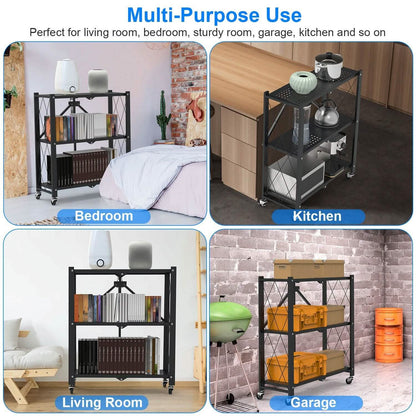 3-Tier Foldable Storage Shelf with Lockable Wheels No Assembly