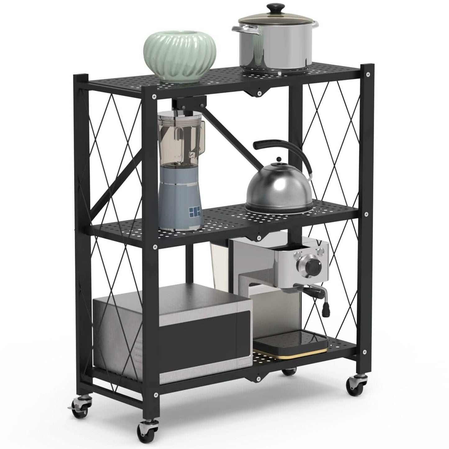 3-Tier Foldable Storage Shelf with Lockable Wheels No Assembly