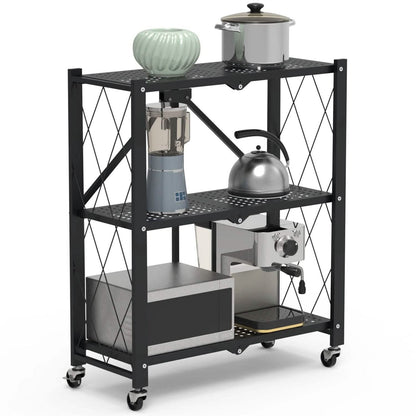 3-Tier Foldable Storage Shelf with Lockable Wheels No Assembly