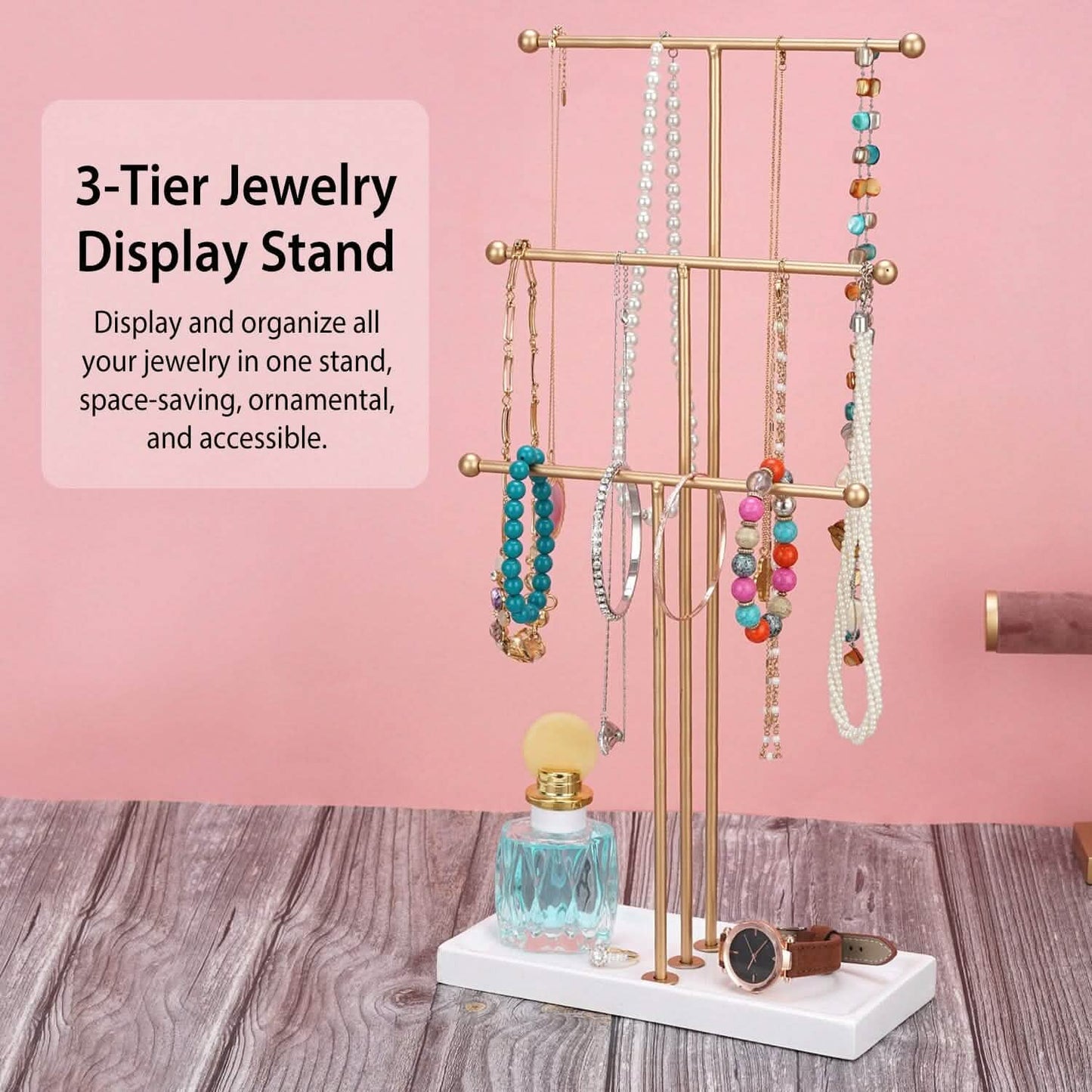 3-Tier Gold Metal Tabletop Jewelry Tree Stand