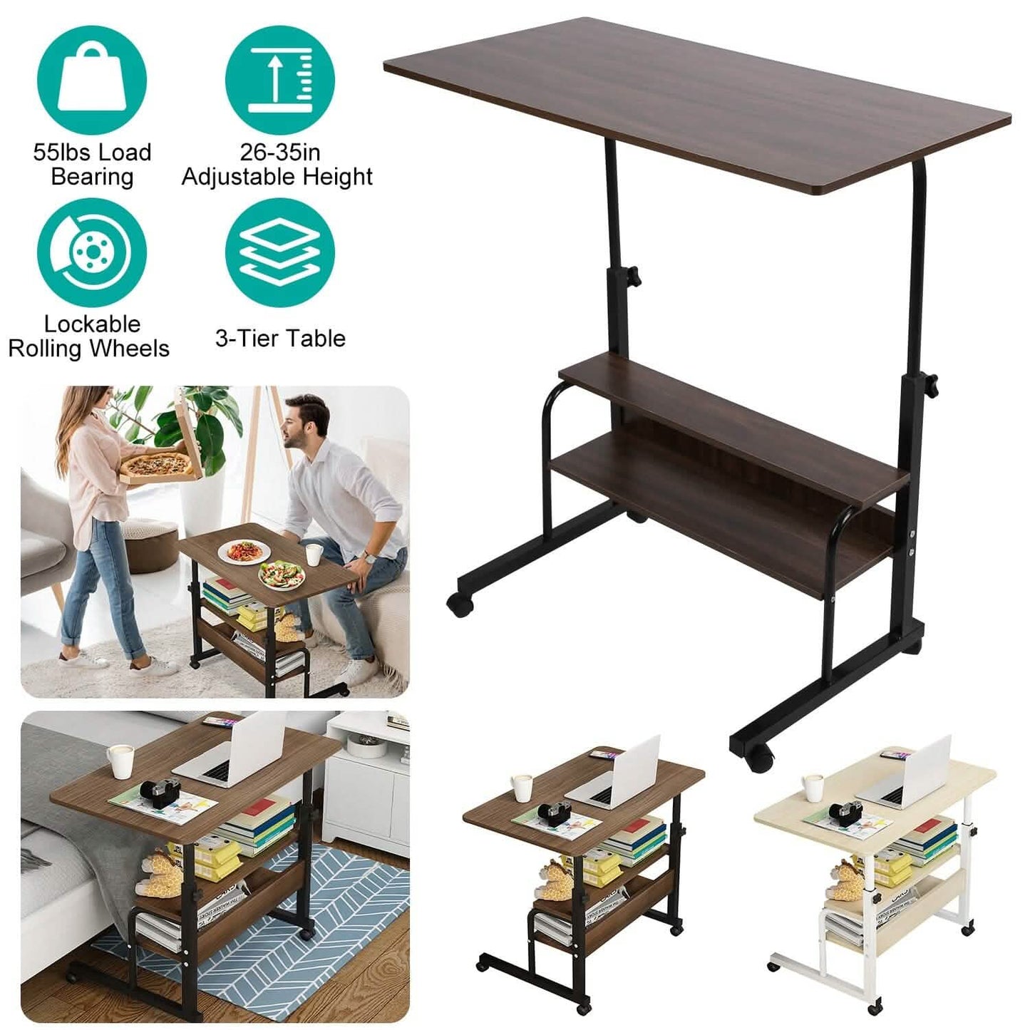 3-Tier Height Adjustable Laptop Desk with Rolling Wheels