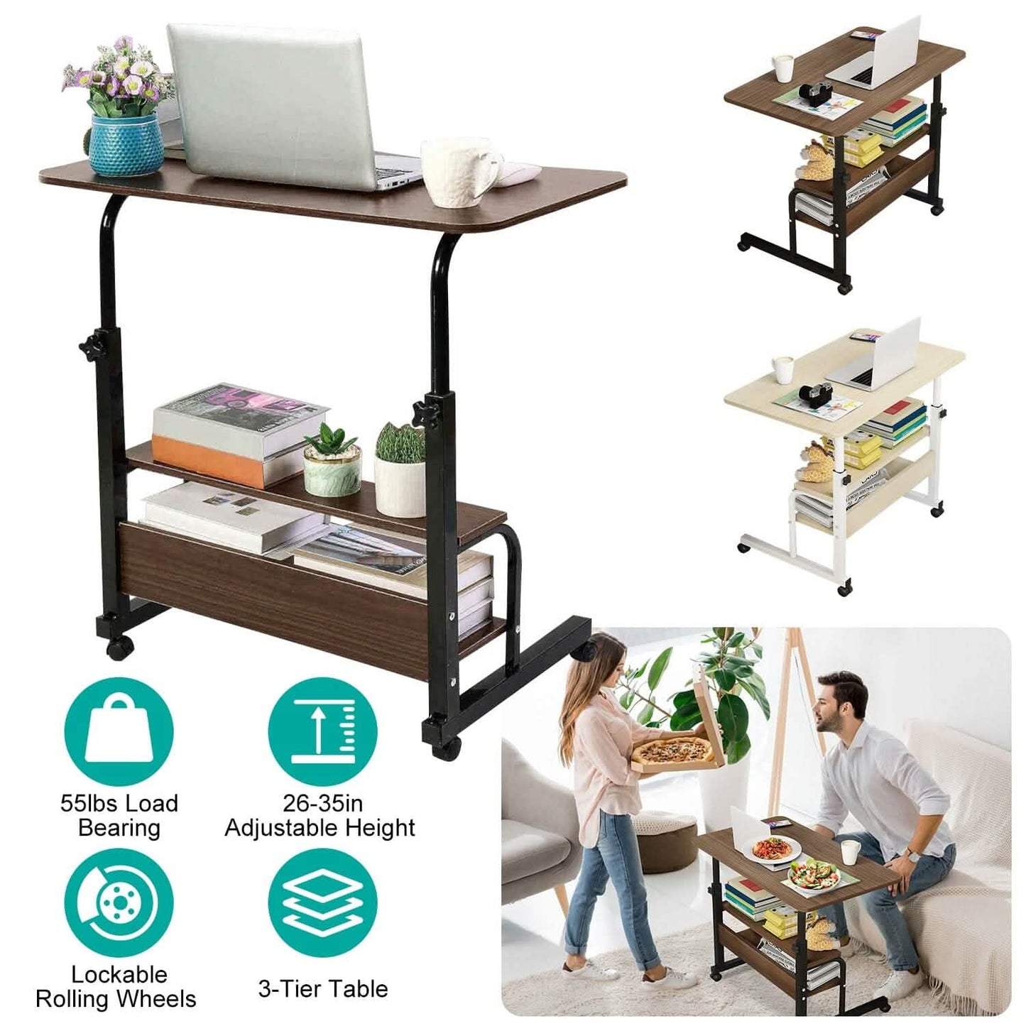 3-Tier Height Adjustable Laptop Desk with Rolling Wheels