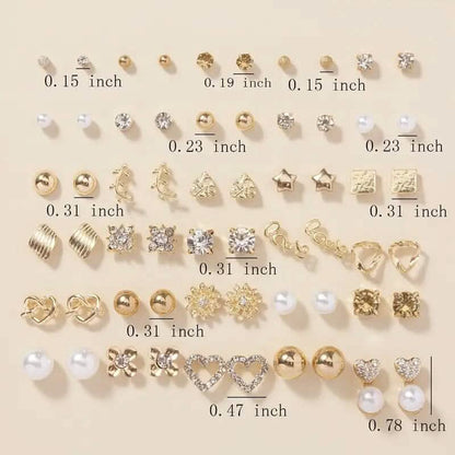 30-Pairs: Alloy Full Rhinestones Love Round Faux Pearl Letter Stud Earrings Set