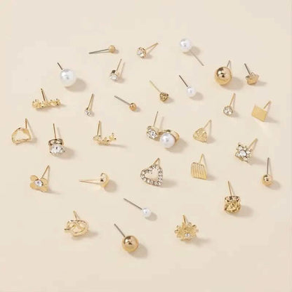 30-Pairs: Alloy Full Rhinestones Love Round Faux Pearl Letter Stud Earrings Set
