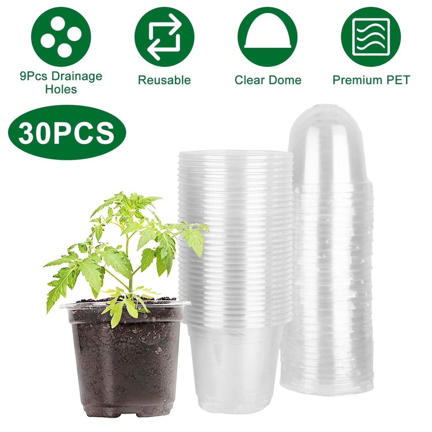 30-Pieces: Plant Nursery Pots PET Flower Seed Starting Pots Container with Dome Drainage Holes
