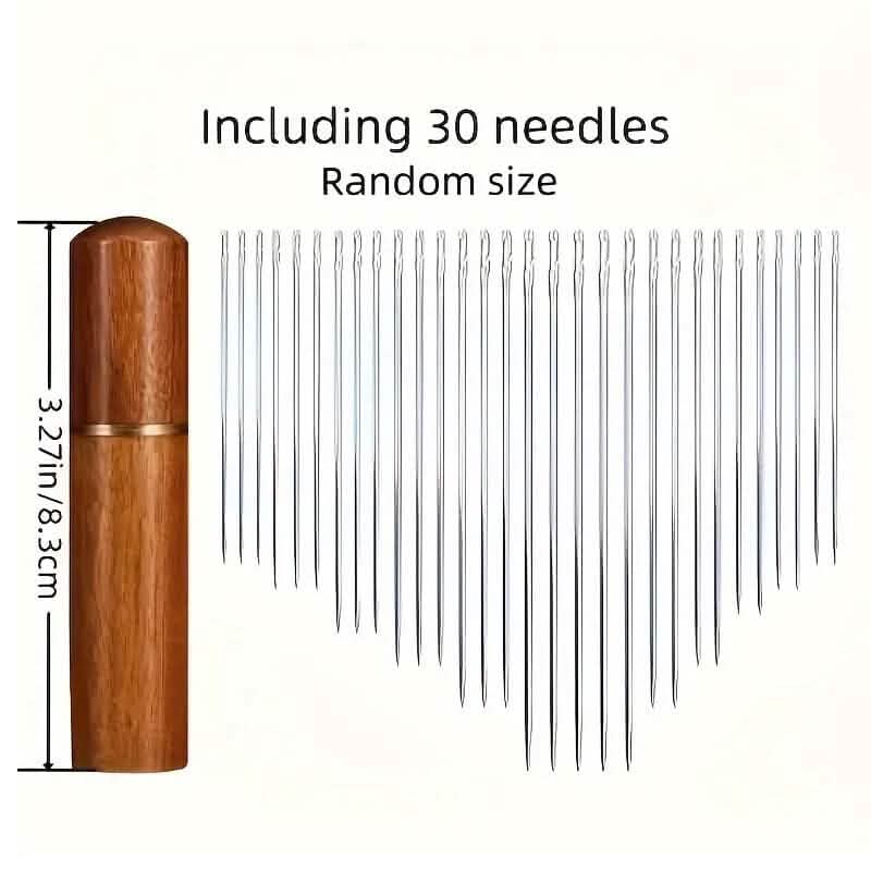 30-Pieces: Self-Threading Random Sizes Needles with Wooden Storage Tube