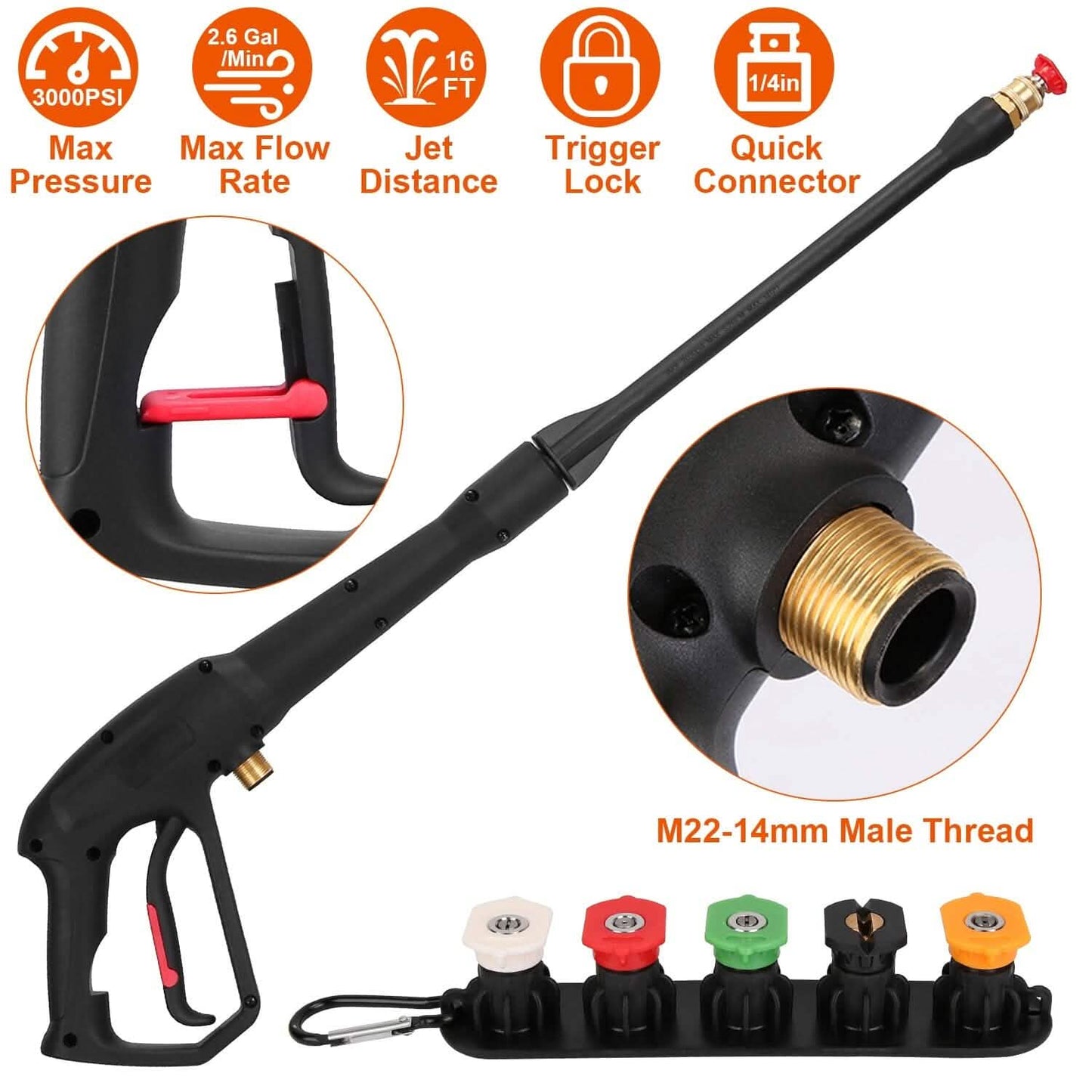3000PSI Pressure Washer Gun Car Foam Sprayer with Jet Wand 5 Nozzle Tips M22-14 Connector
