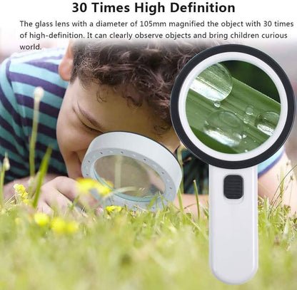 30X Handheld Large Magnifying Glass 12 LED Illuminated Lighted Magnifier