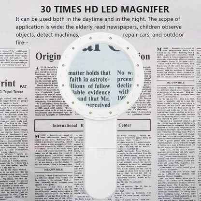 30X Handheld Large Magnifying Glass 12 LED Illuminated Lighted Magnifier