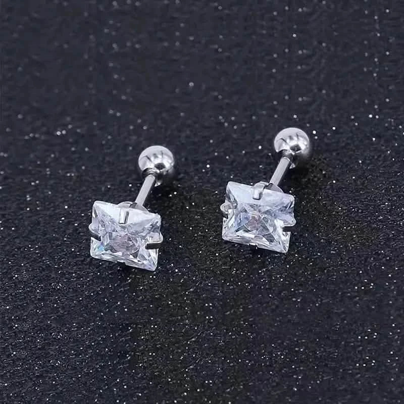 316 Stainless Steel Square Stud Earrings with Cubic Zirconia Accents