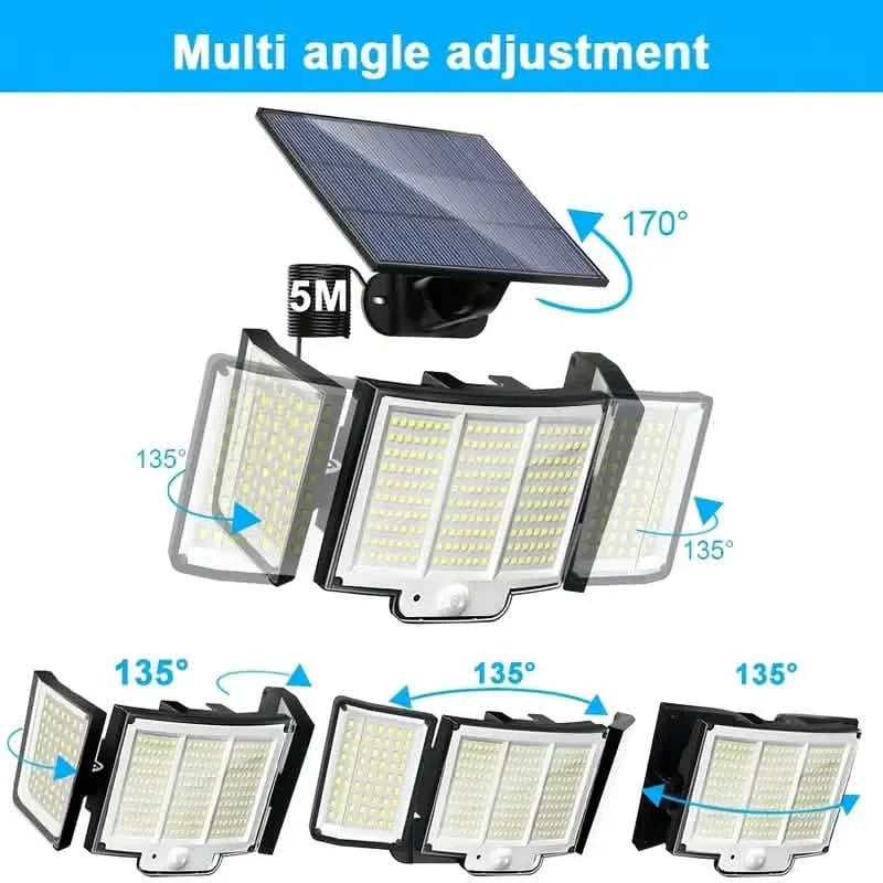 348 LED Motion Sensor Lights With Remote Control, 3 Head Security Lights, Solar Flood Wall Lights With 3 Modes