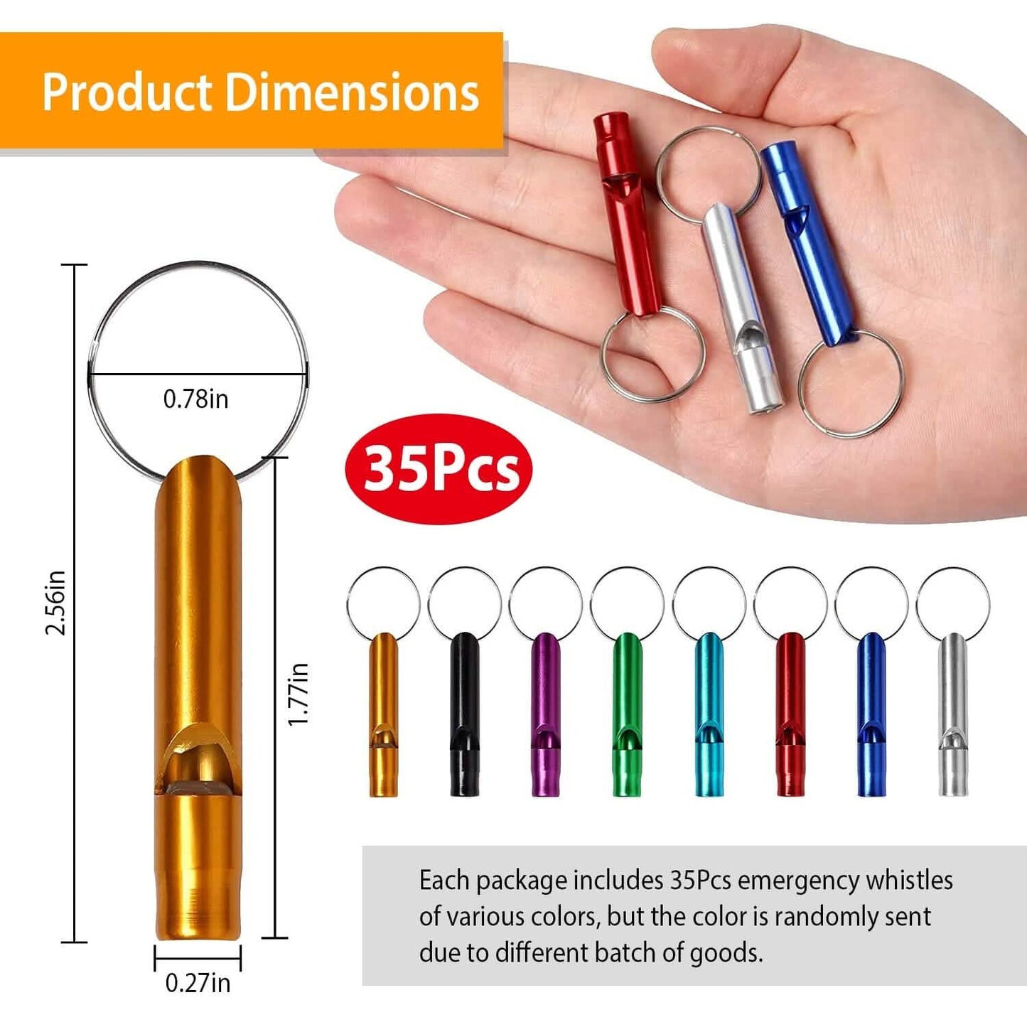 35-Pieces: Emergency Whistle Extra Loud with Key Chain Ring