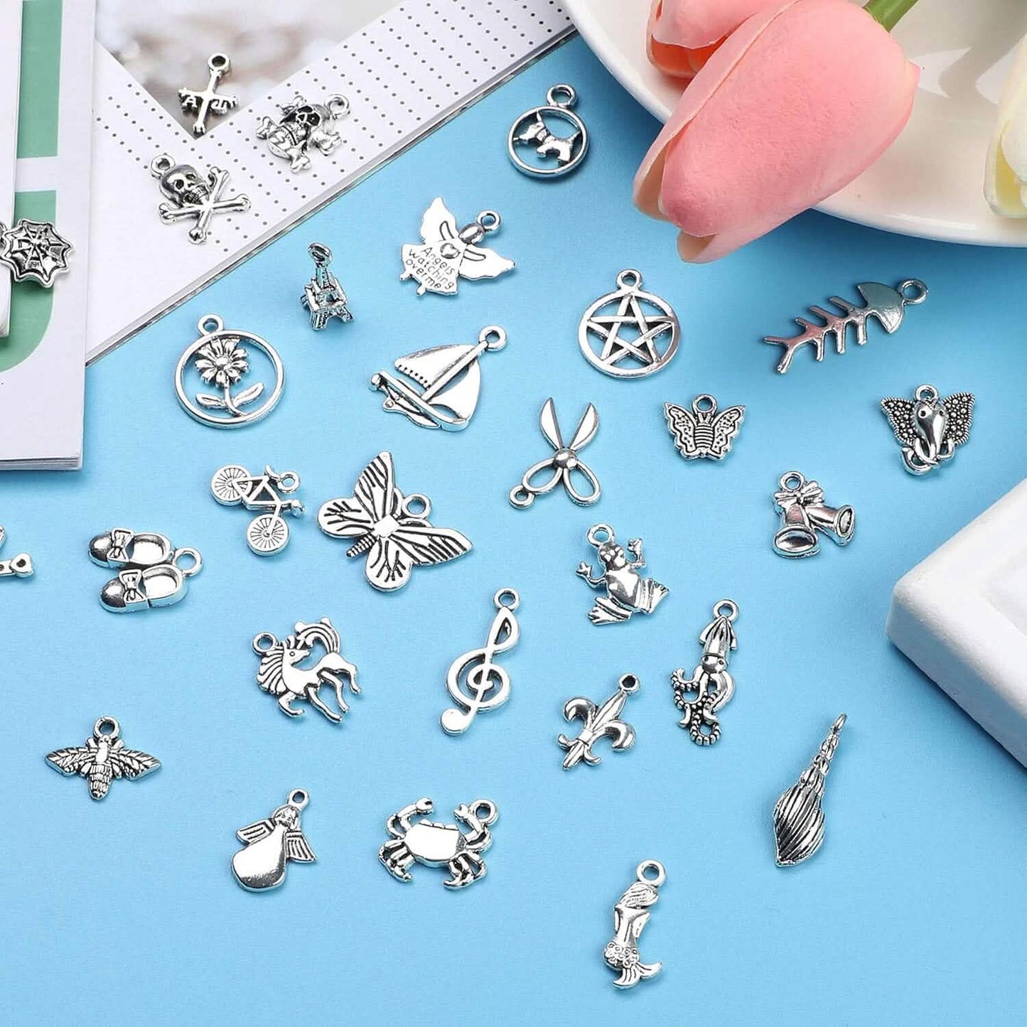 50-Pieces: Silver Charms for Jewelry Making Wholesale Bulk Tibetan Silver Charm Pendants for DIY Necklace Bracelet Earring Craft Supplies