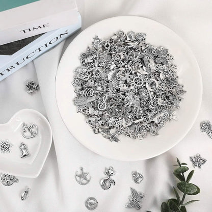 50-Pieces: Silver Charms for Jewelry Making Wholesale Bulk Tibetan Silver Charm Pendants for DIY Necklace Bracelet Earring Craft Supplies