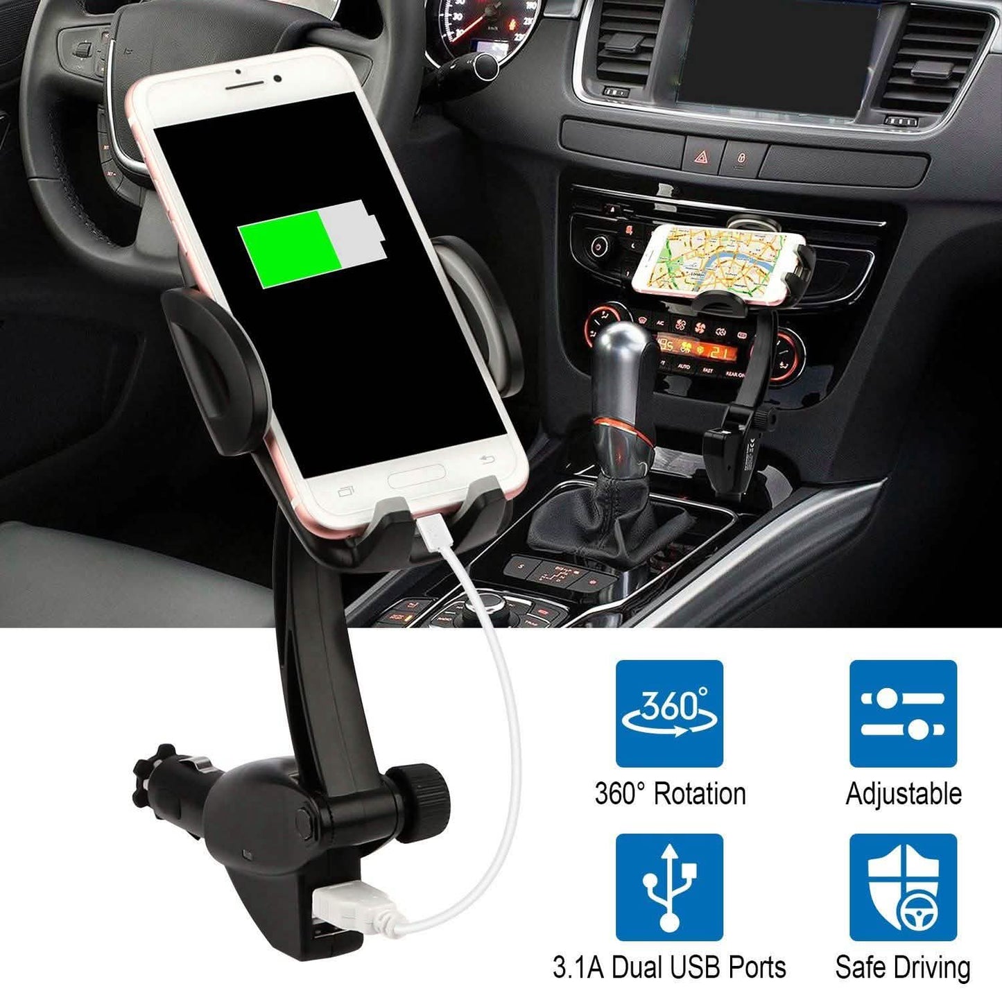 360° Dual USB Smartphone Mounting Car Charger