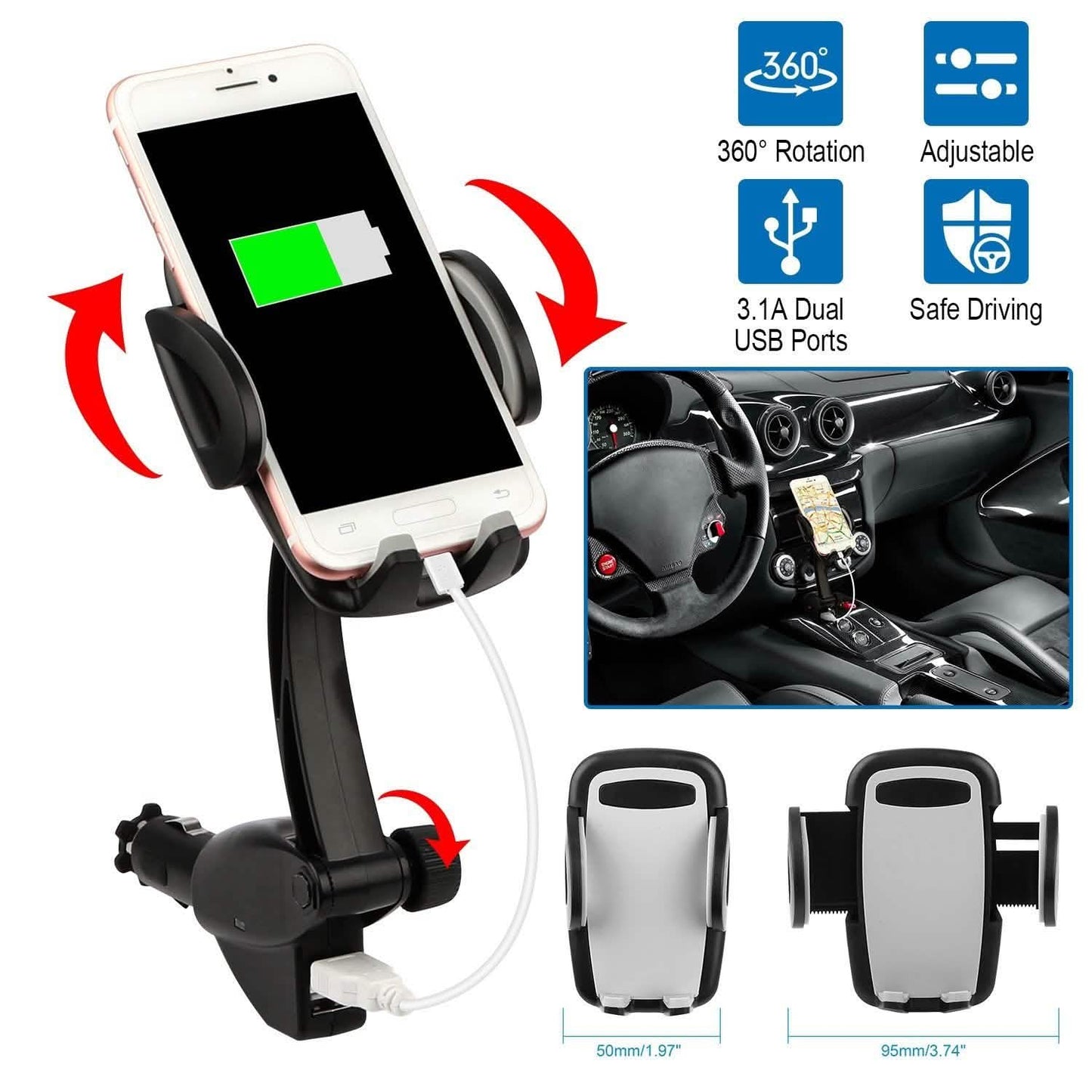 360° Dual USB Smartphone Mounting Car Charger