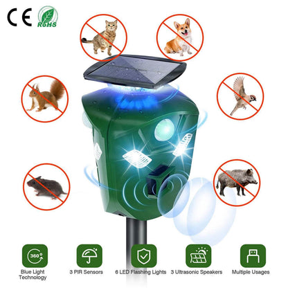 360° Electric Solar Powered Ultrasonic Repeller with Motion Sensor LED Flashing Lights
