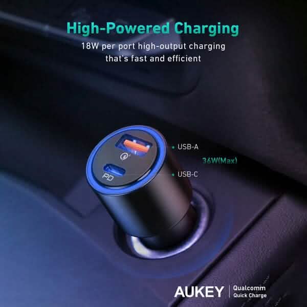 AUKEY 36W LED Car Charger CC-Y18S Dual USB-C/USB-A