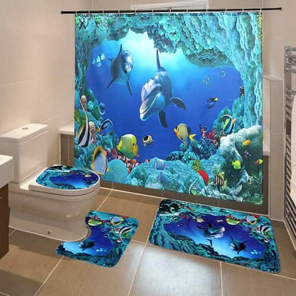 3D Printing Waterproof Shower Curtain Pedestal Rug Toilet Cover Bath Mat Set