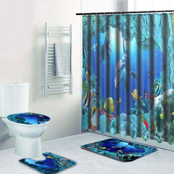 3D Printing Waterproof Shower Curtain Pedestal Rug Toilet Cover Bath Mat Set