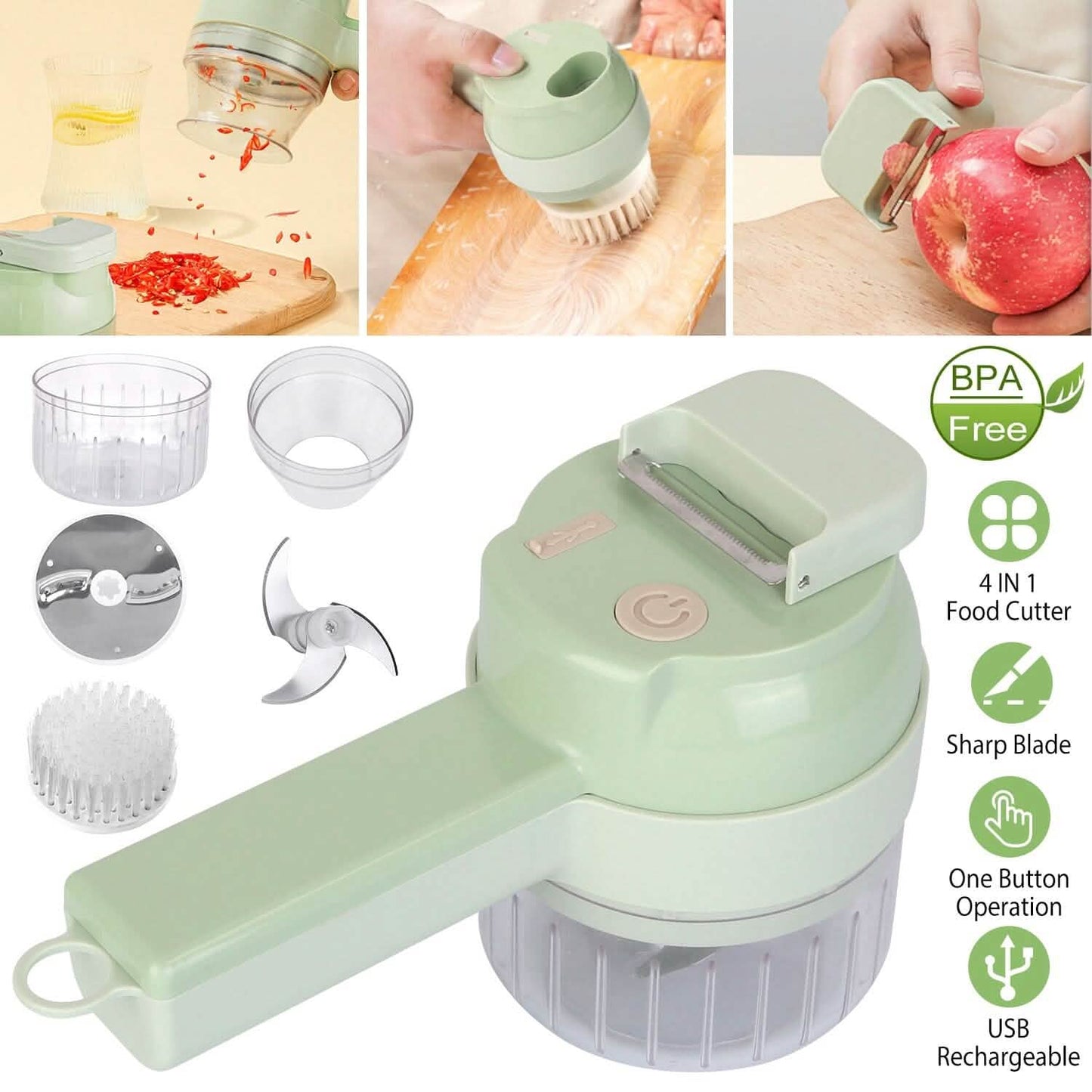 4-in-1 Handheld Electric Vegetable Chopper, Grinder, Slicer and Dicer