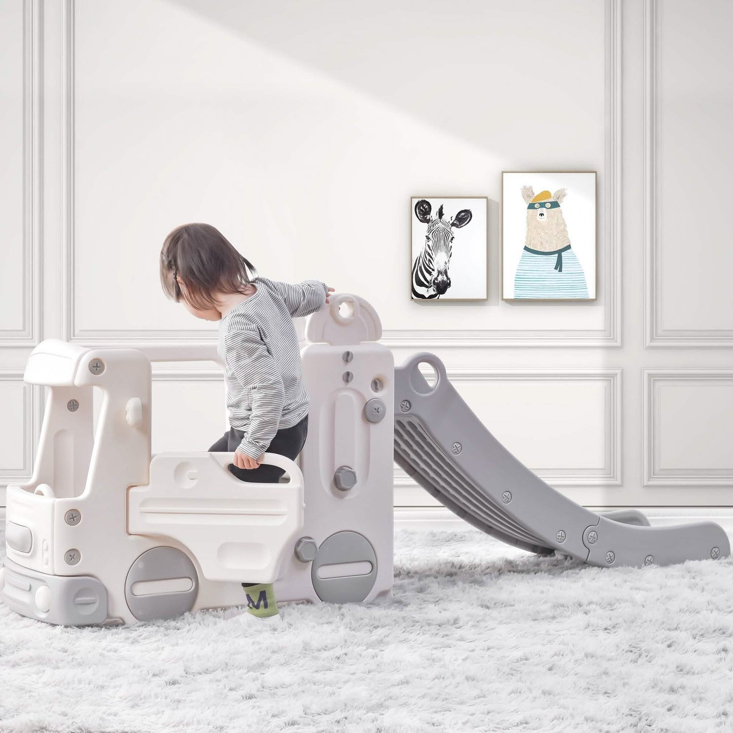 4-in-1 Slide with Bus Climber Slide Set with Basketball Hoop Indoor and Outdoor