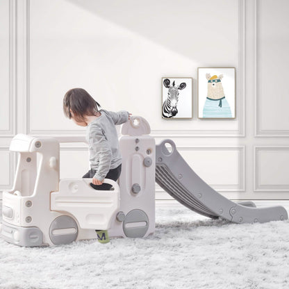 4-in-1 Slide with Bus Climber Slide Set with Basketball Hoop Indoor and Outdoor