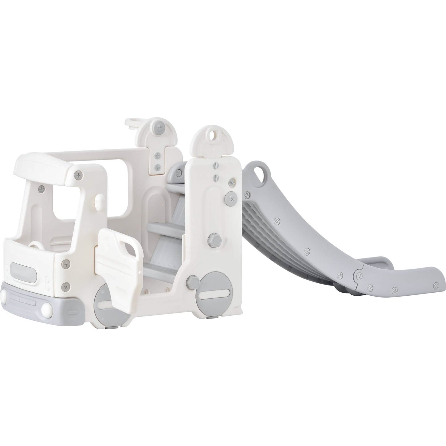 4-in-1 Slide with Bus Climber Slide Set with Basketball Hoop Indoor and Outdoor