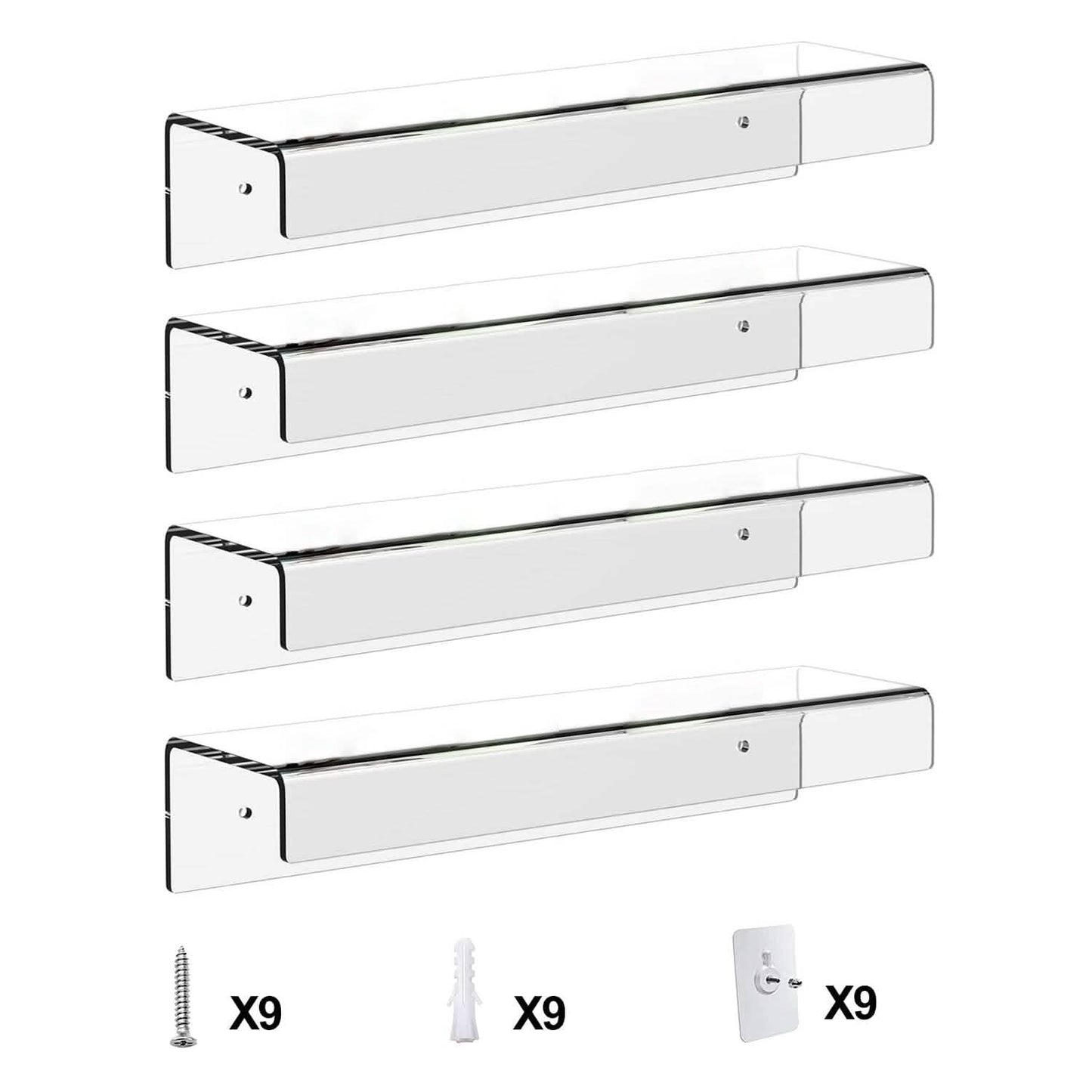 4-Pack: 15 inches Clear Acrylic Floating Shelves with 2 Mounting Ways