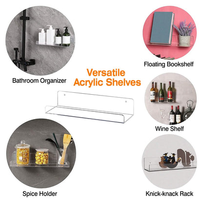 4-Pack: 15 inches Clear Acrylic Floating Shelves with 2 Mounting Ways