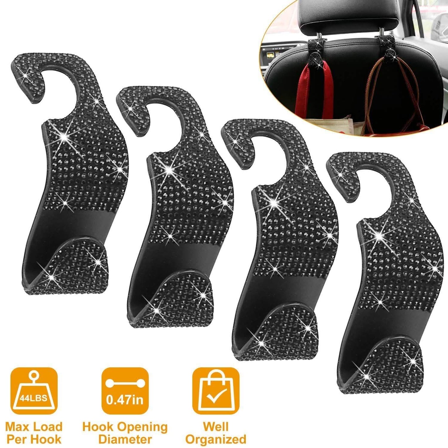 4-Pack: Car Headrest Hooks Bling Rhinestones Back Seat Organizer Hanger Holder