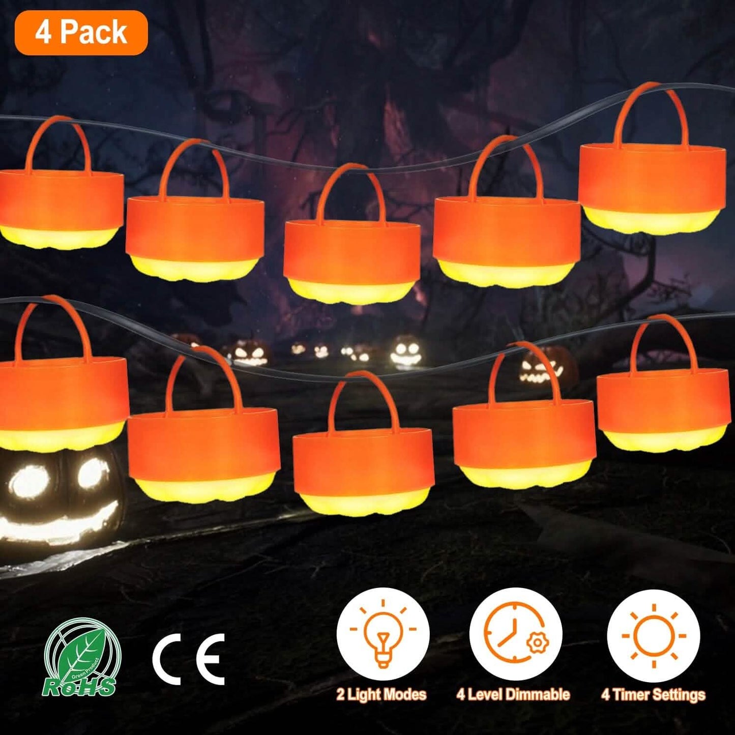 4-Pack: Halloween LED Pumpkin Lights Battery Operated with 2 Light Modes 4 Timer Setting