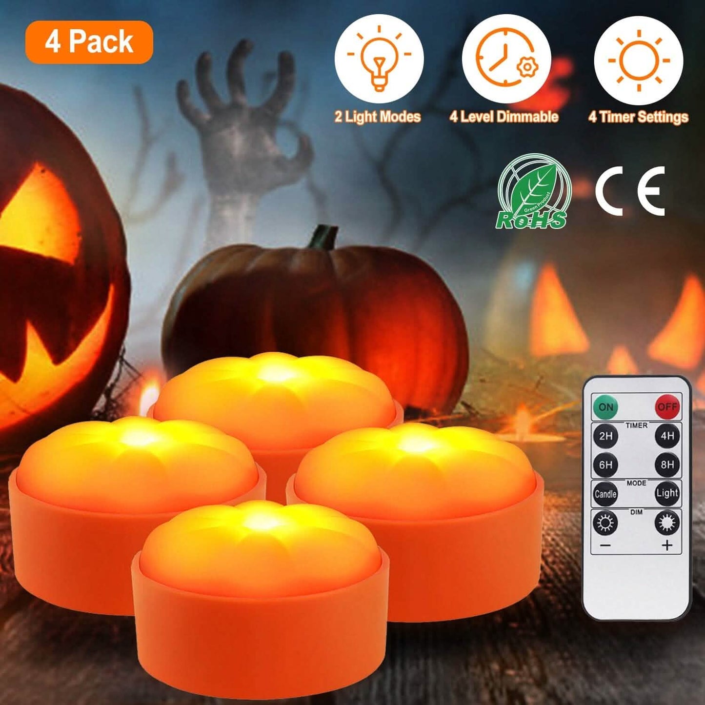 4-Pack: Halloween LED Pumpkin Lights Battery Operated with 2 Light Modes 4 Timer Setting