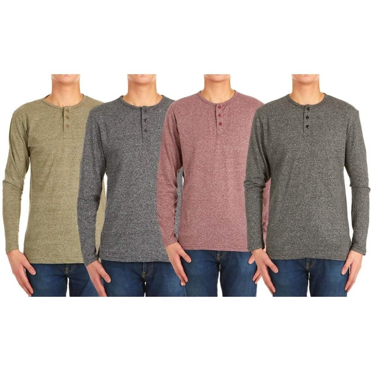 4-Pack: Men's Long-Sleeve Marled Henley Shirts - Size: Medium