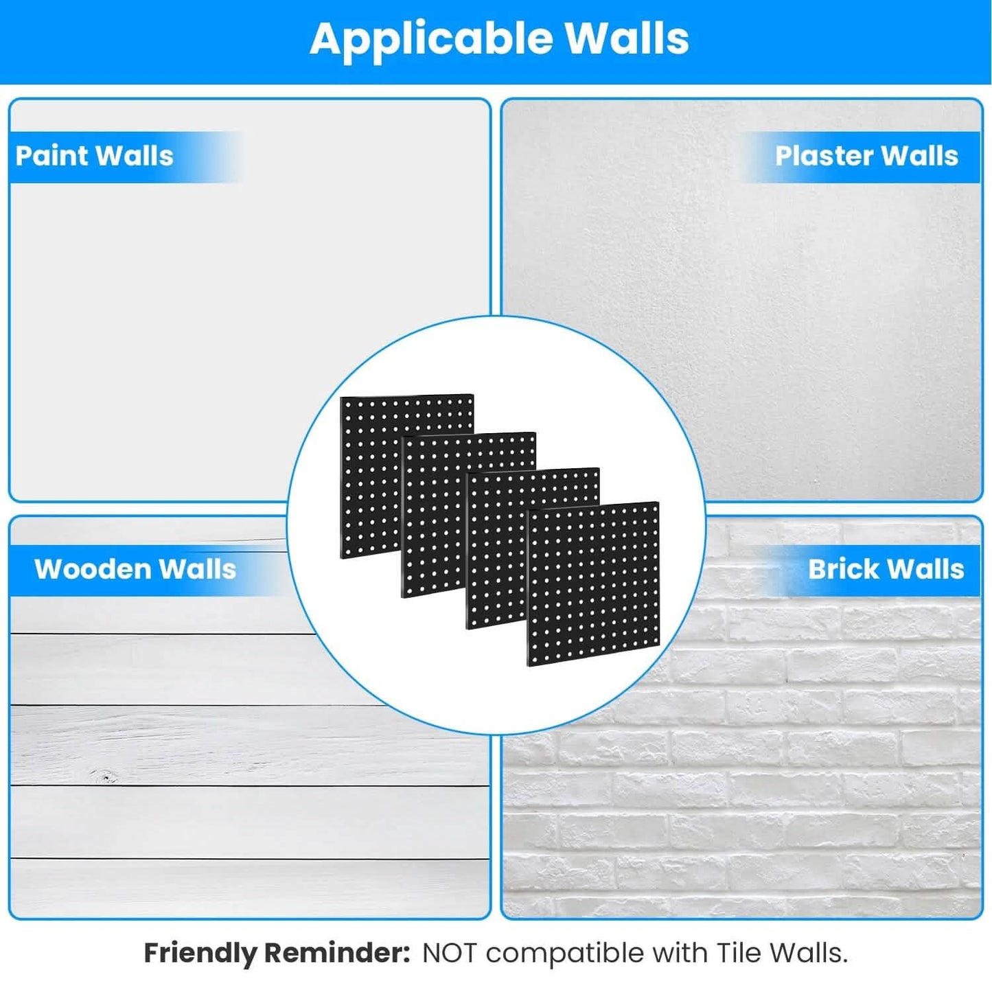 4-Pack: Metal Black Pegboard Wall Organizer with 1" Spacing 1/4" Hole