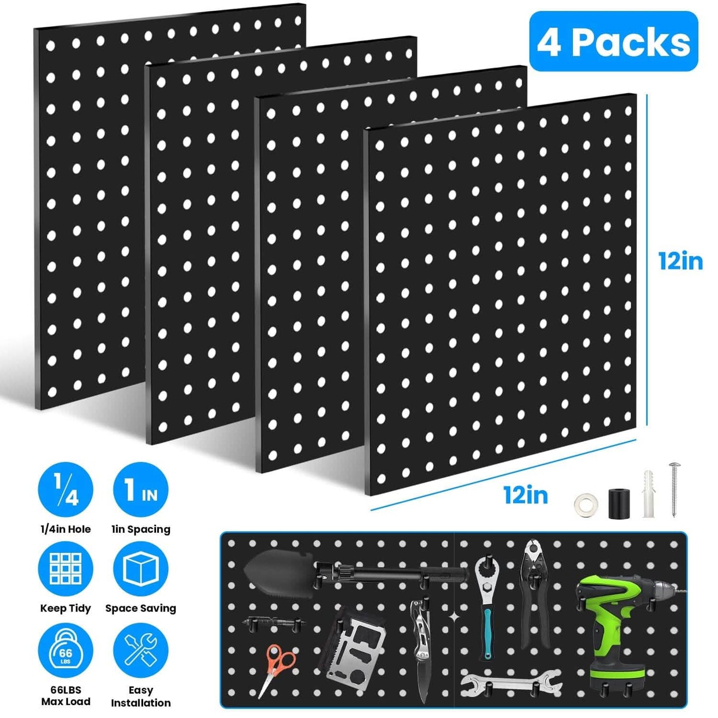 4-Pack: Metal Black Pegboard Wall Organizer with 1" Spacing 1/4" Hole