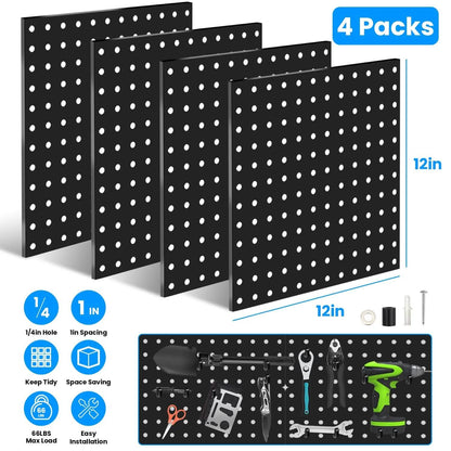 4-Pack: Metal Black Pegboard Wall Organizer with 1" Spacing 1/4" Hole