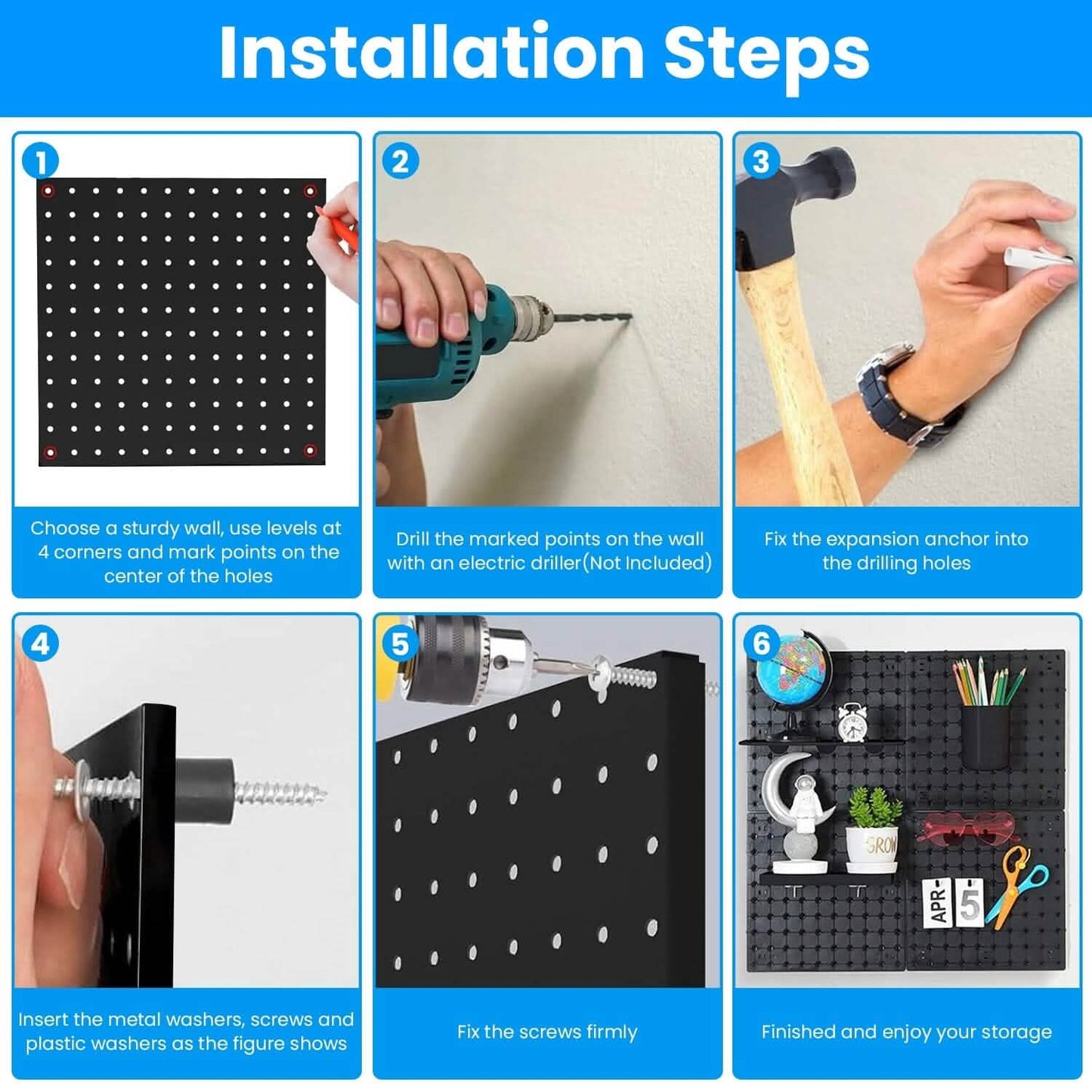 4-Pack: Metal Black Pegboard Wall Organizer with 1" Spacing 1/4" Hole