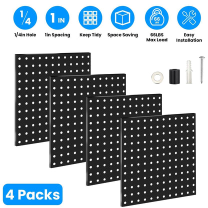 4-Pack: Metal Black Pegboard Wall Organizer with 1" Spacing 1/4" Hole