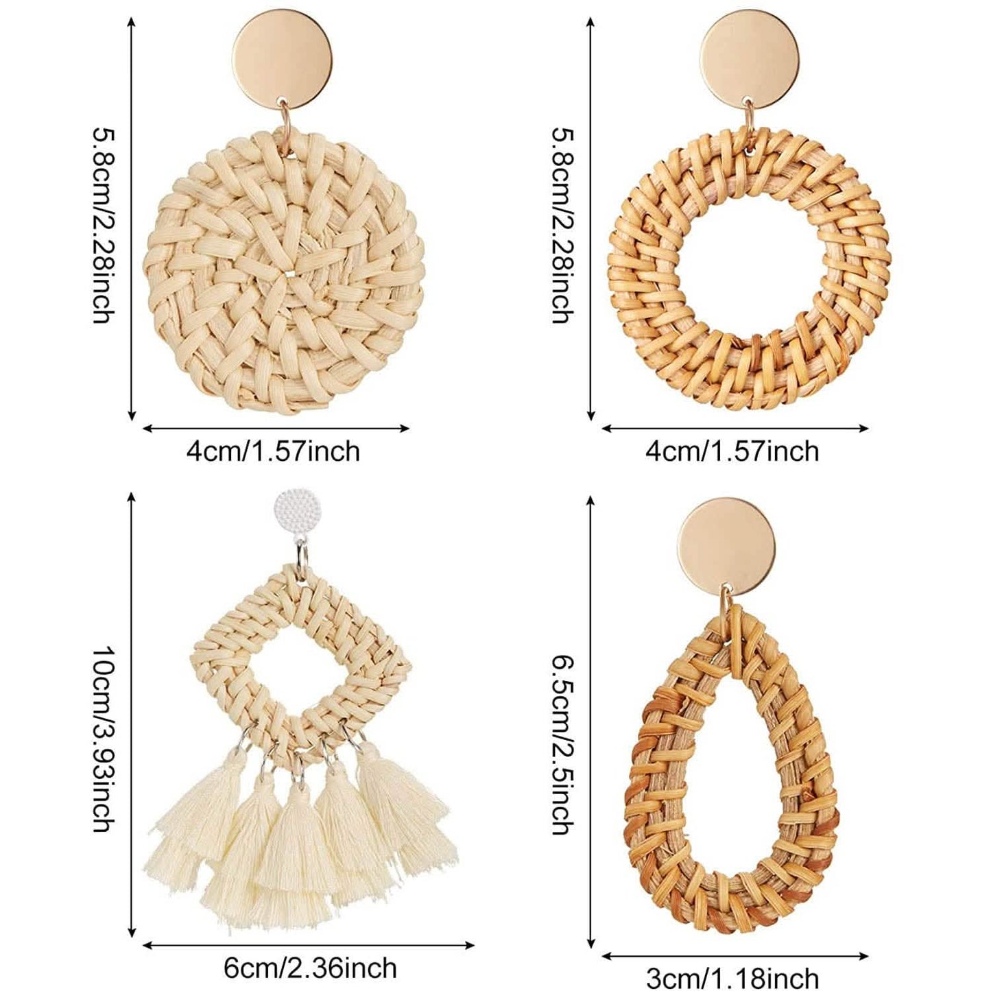 4-Pairs: Women's Rattan Earrings