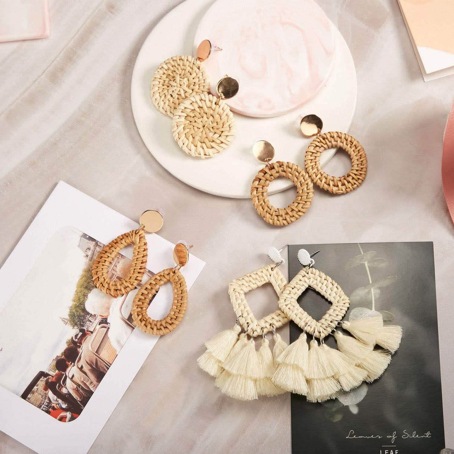 4-Pairs: Women's Rattan Earrings