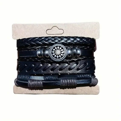 4-Piece Set: Exquisite Vintage-Style PU Leather Woven Handmade Charm Bracelets for Men