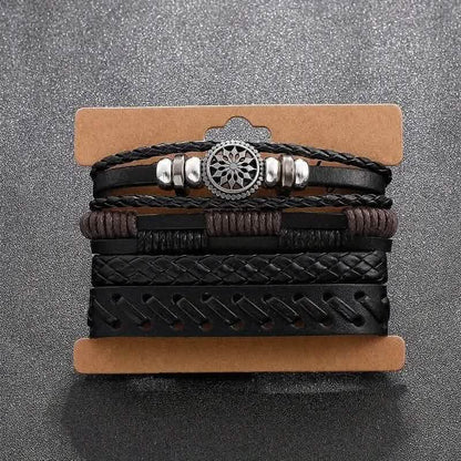 4-Piece Set: Exquisite Vintage-Style PU Leather Woven Handmade Charm Bracelets for Men
