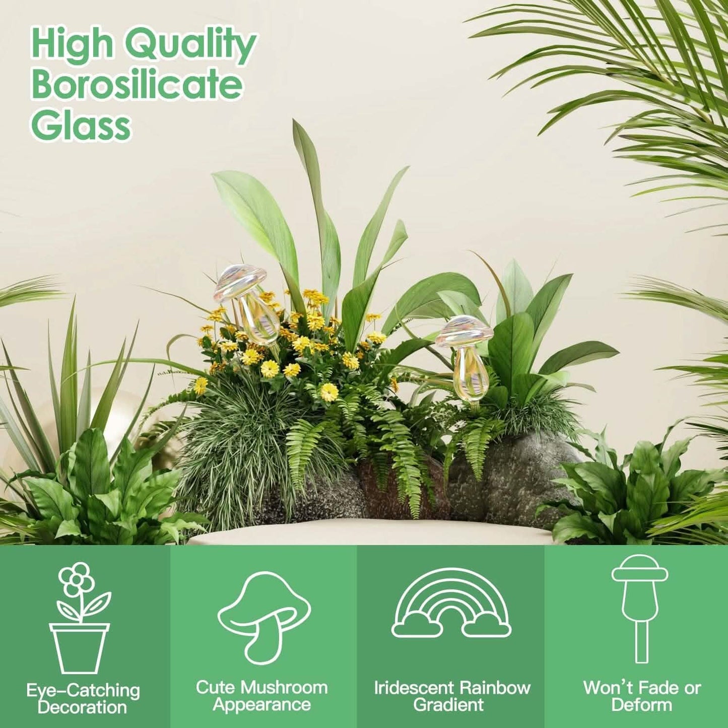 4-Pieces: Clear Glass Plant Watering Globes Iridescent Rainbow Gradient Mushroom