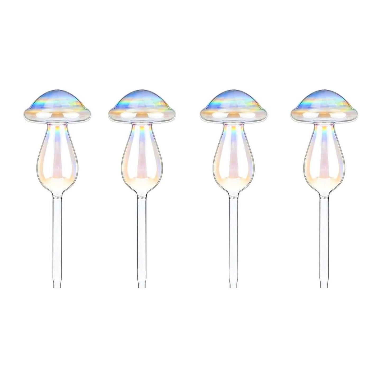 4-Pieces: Clear Glass Plant Watering Globes Iridescent Rainbow Gradient Mushroom