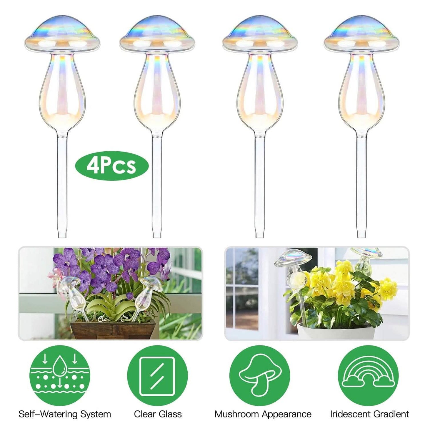 4-Pieces: Clear Glass Plant Watering Globes Iridescent Rainbow Gradient Mushroom