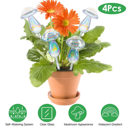 4-Pieces: Clear Glass Plant Watering Globes Iridescent Rainbow Gradient Mushroom